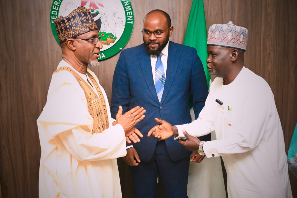 The Honourable Minister for Environment,Mallam Balarabe Abbas Lawal, NPC NEWMAP-EIB, Engr. Anda Ayuba Yalaks and Representative of the European Investment Bank, Moussa Nakoulima after a briefing on Wednesday February 19, 2025.